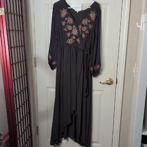 JODIFL Black Dress with Pink/Green Floral Embroidery Faux Wrap Tie.  High Low